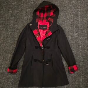 Vintage 2000s Betsy Johnson Black and red plad lined Hooded jacket.Womans size 4